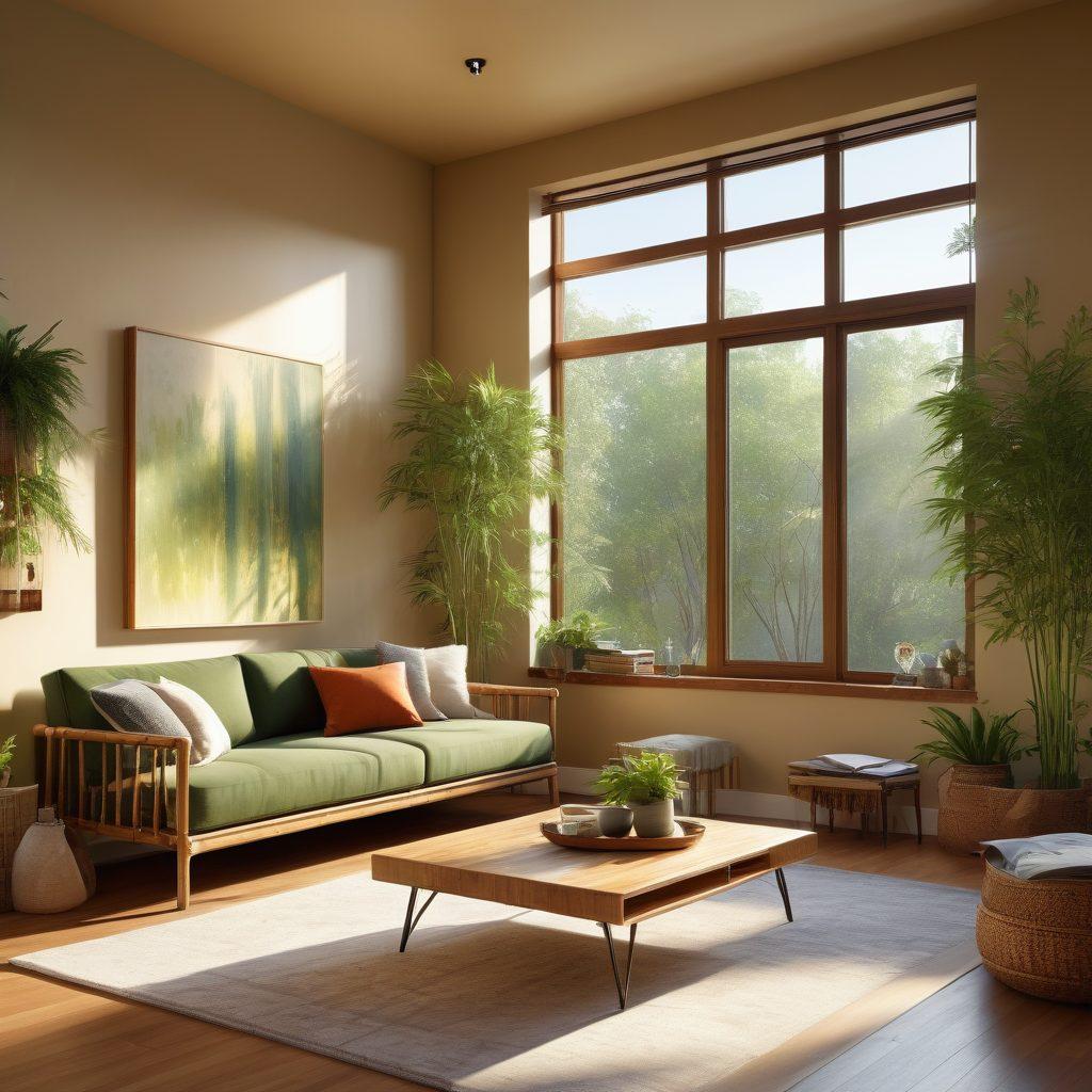 A cozy, modern living room featuring eco-friendly materials, like bamboo furniture and recycled decor. Sunlight streams through large windows filled with greenery, and a smart home device on the coffee table controls ambient lighting. Artistic touches include potted plants and wall art made from sustainable resources. Warm, inviting colors create a harmonious environment. super-realistic. vibrant colors. natural lighting.