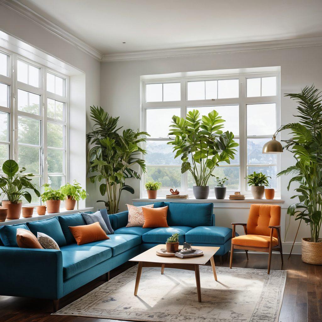 A vibrant interior scene showcasing a beautifully designed room with innovative space planning elements, including a blend of modern and traditional furniture, natural light streaming through large windows, and plants adding a touch of nature. Include a layout blueprint in the corner and design tools such as color swatches and fabric samples. The overall ambiance should convey transformation and creativity. super-realistic. vibrant colors. white background.