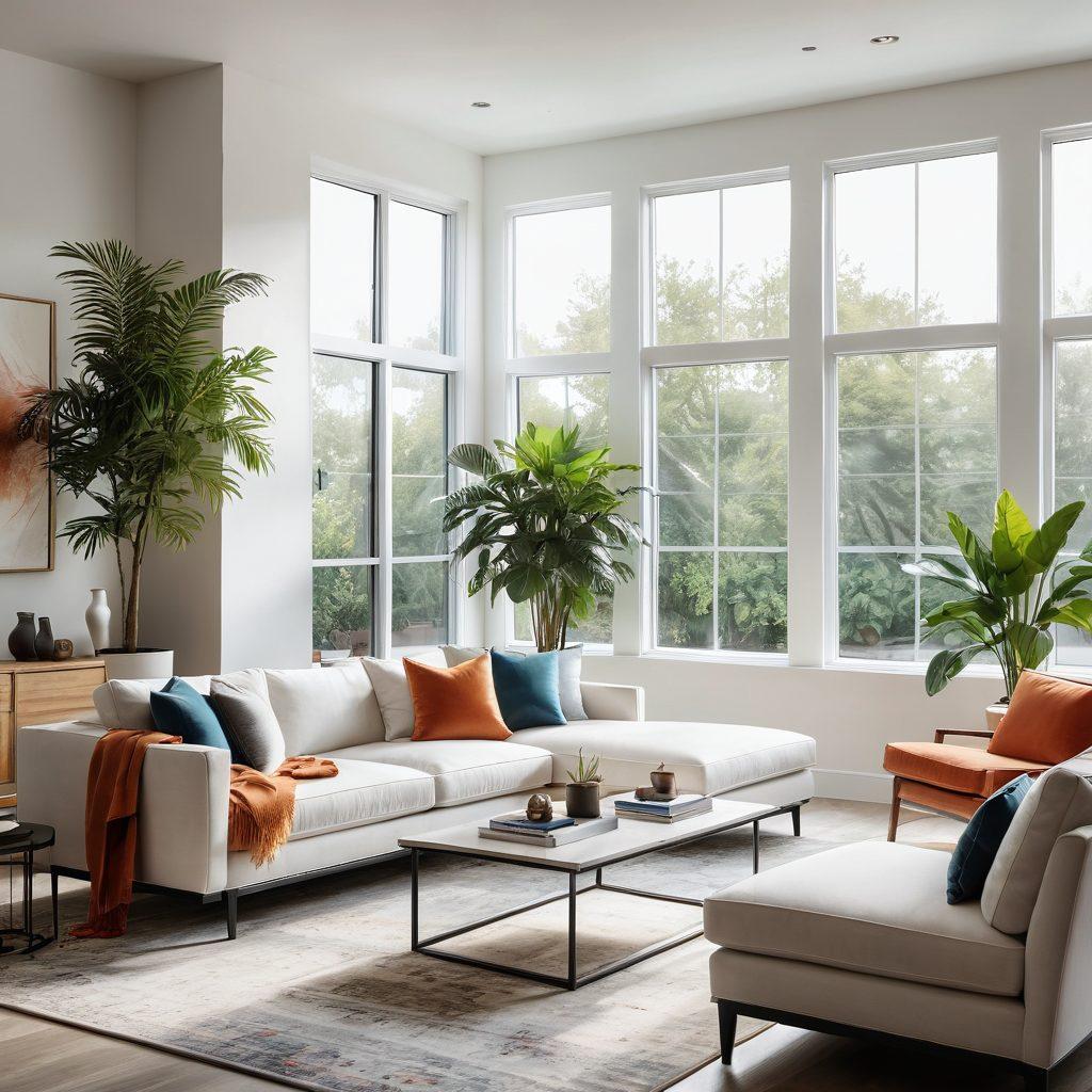 A stunning modern living room showcasing the latest interior design trends with elegant furniture, vibrant wall art, and unique house blueprints displayed on a sleek coffee table. Natural light pours in through large windows, highlighting a blend of minimalist and cozy elements. Include lush indoor plants for a fresh touch. super-realistic. vibrant colors. white background.